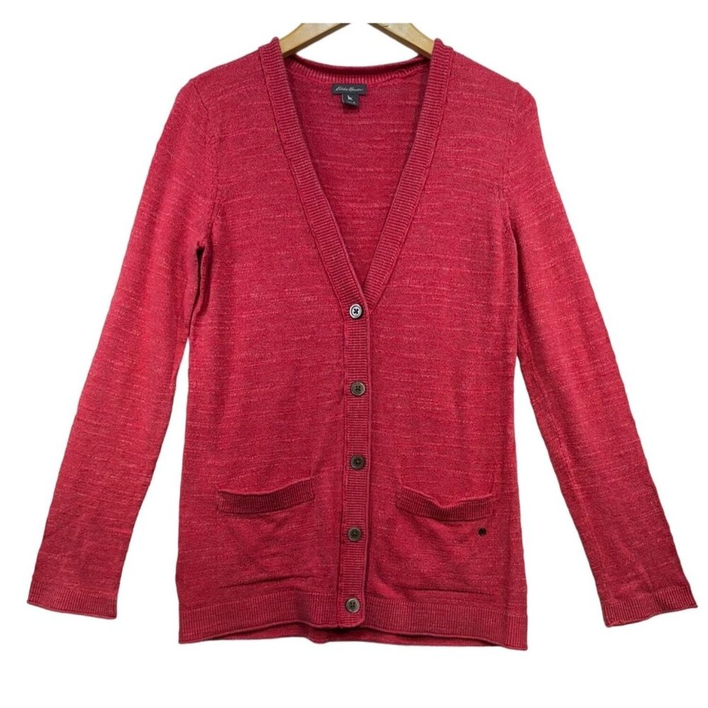 Eddie Bauer Womens Button-Down Cardigan Sweater S Red Fuschia 100% Cotton